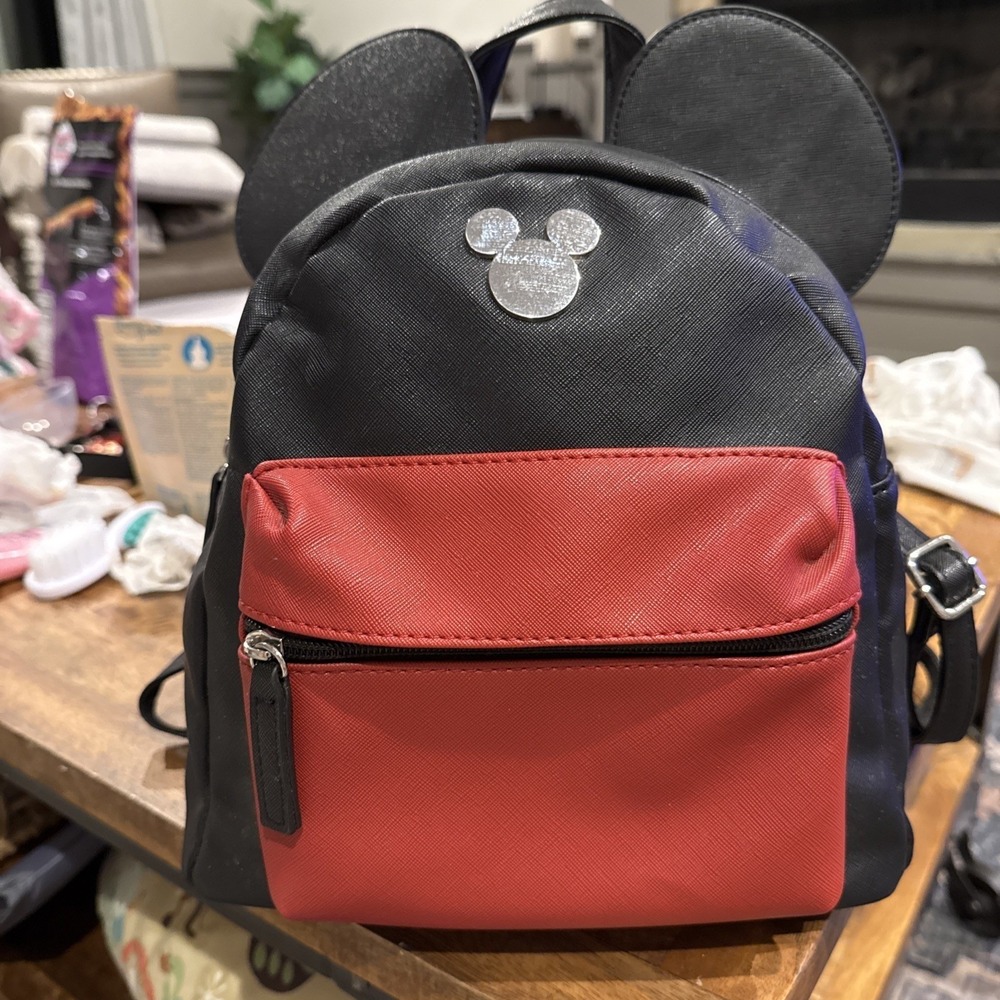 Disney's Mickey Mouse Bag Ears Mini Backpack Black Red Zip Disneyland Logo